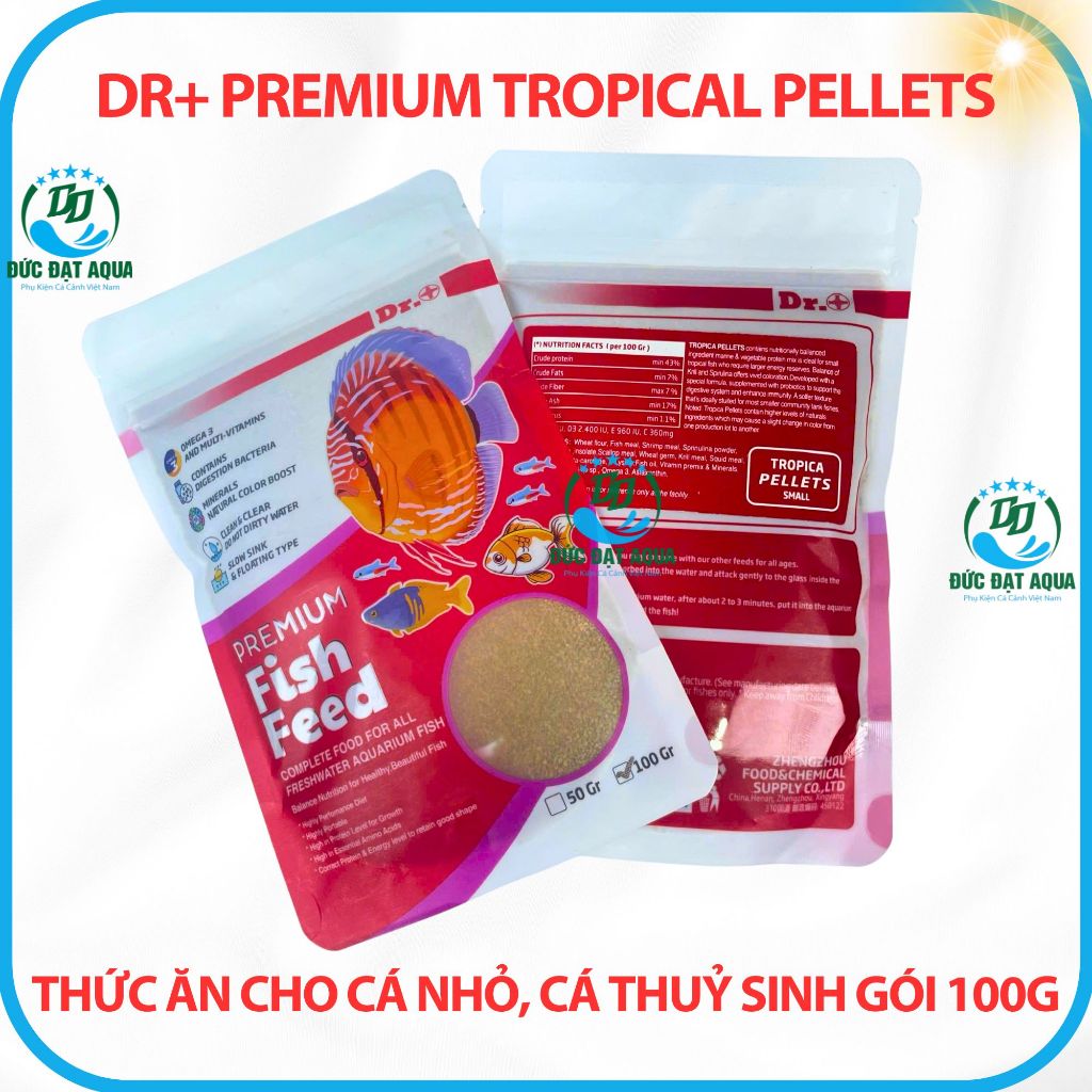 Thức ăn cho cá cảnh, cá thuỷ sinh, dàng cho cá nhỏ gói 100g Dr+ Premium Tropical Pellets