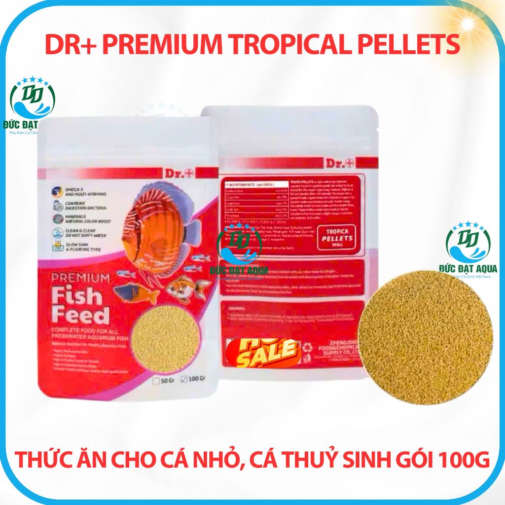 Thức ăn cho cá cảnh, cá thuỷ sinh, dàng cho cá nhỏ gói 100g Dr+ Premium Tropical Pellets 9