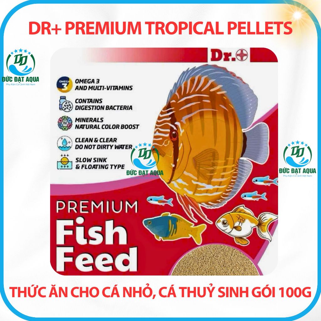 Thức ăn cho cá cảnh, cá thuỷ sinh, dàng cho cá nhỏ gói 100g Dr+ Premium Tropical Pellets 4