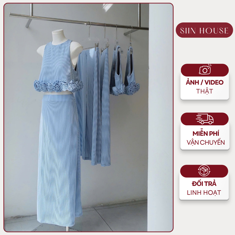 Sét bộ áo crop top đính hoa + Chân váy xanh dài kẻ sọc xanh da trời - Siin House D0162