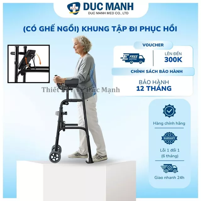 Khung tập đi có ghế ngồi - khung tập đi phục hồi chức năng hỗ trợ khuỷu tay, khung tập đi người già