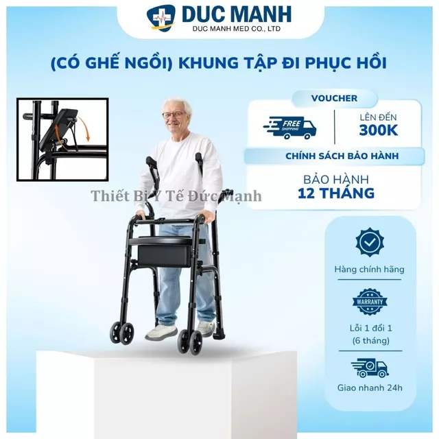 (HOẢ TỐC) Khung tập đi có ghế ngồi - khung tập đi phục hồi chức năng hỗ trợ nách, khung tập đi cho người già
