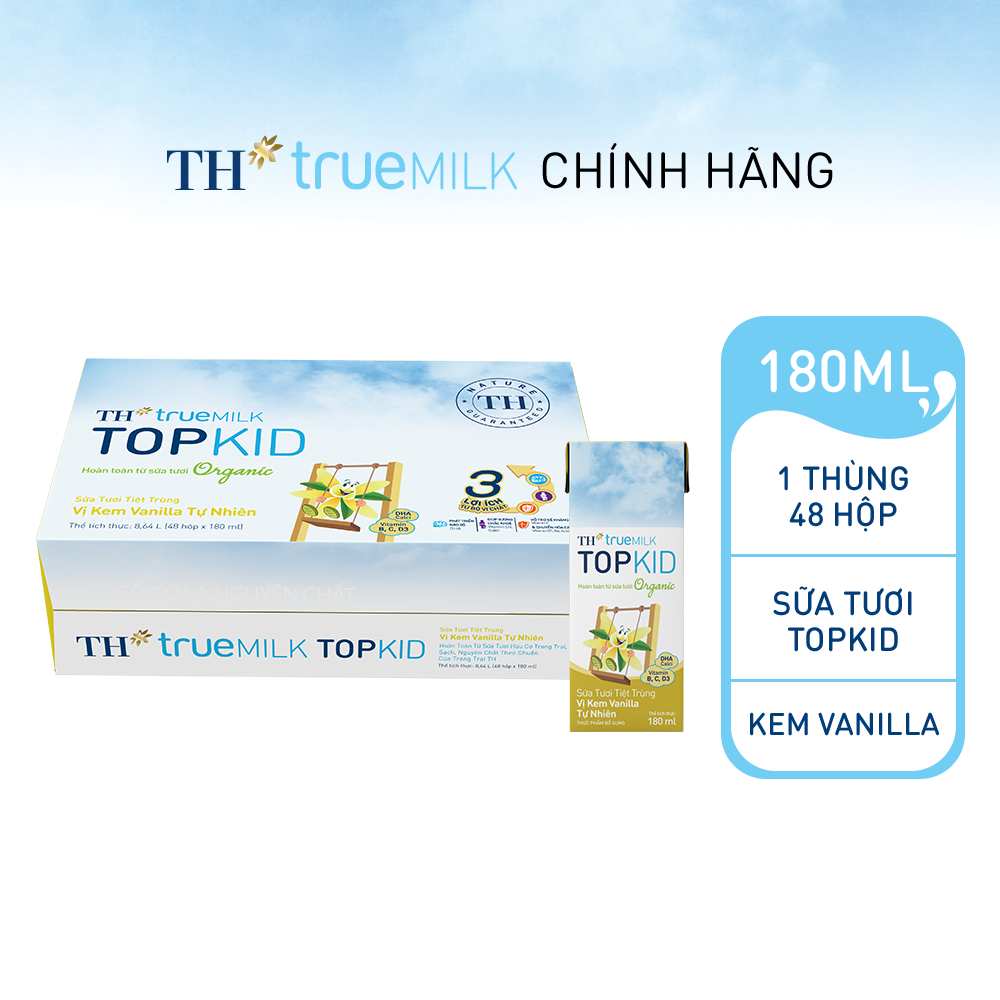 Thùng 48 hộp sữa tươi tiệt trùng TOPKID kem vanilla tự nhiên TH true MILK 180ml