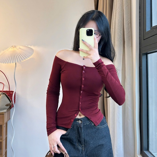Áo thun dài tay Joolate trơn basic kiểu nút cài trễ vai chất cotton dáng crotop tôn dáng
