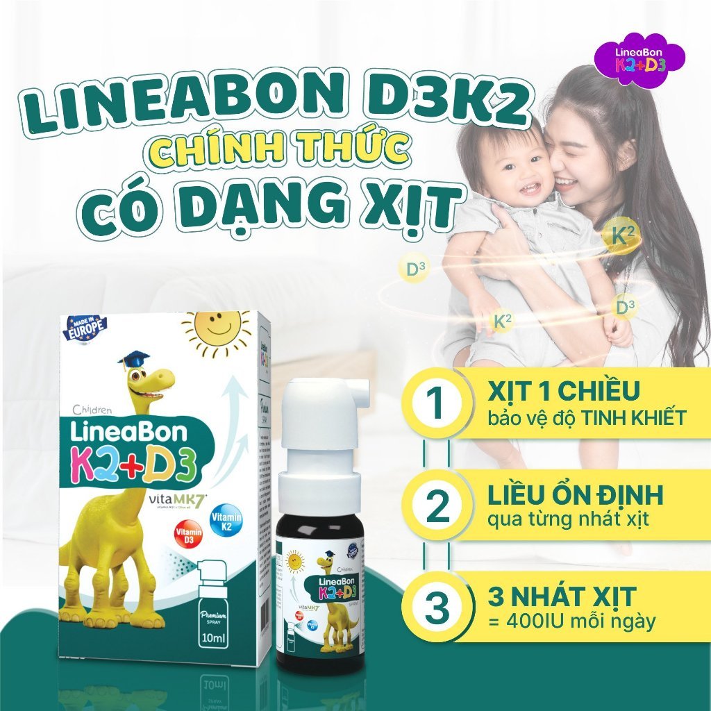 [Tặng 1 Bestical X]Combo 2 hộp Lineabon D3 K2 Dạng Xịt Tiện Lợi - Hỗ Trợ Hấp Thu Canxi Cho Trẻ 10ml