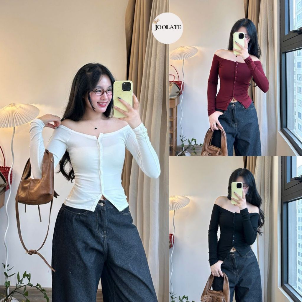 Áo thun dài tay Joolate trơn basic kiểu nút cài trễ vai chất cotton dáng crotop tôn dáng