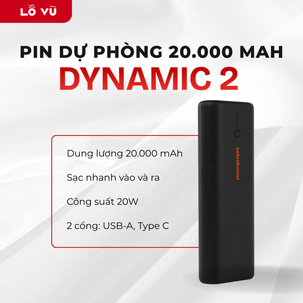 Pin Sạc Dự Phòng Chính Hãng 20.000 mAh Velasboost Dynamic 2, Sạc Nhanh PD QC 20W - Lỗ Vũ 1 | BigBuy360 - bigbuy360.vn