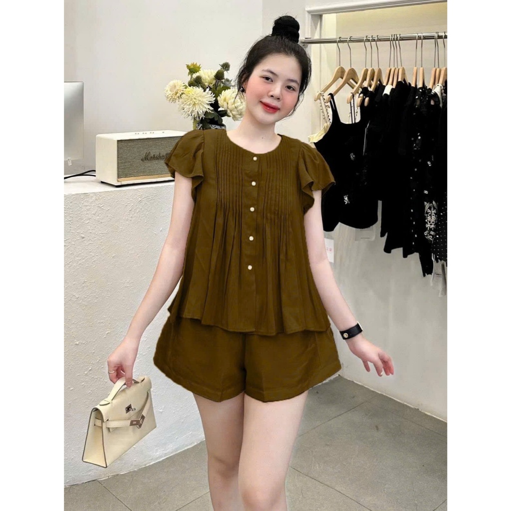Sét Bộ Nữ Áo Cổ Tròn Sếp Ly Tay Bồng Quần Đùi - Chất Liệu Đũi Hàn Cao Cấp Chất Mềm - Đủ Size 44-90kg