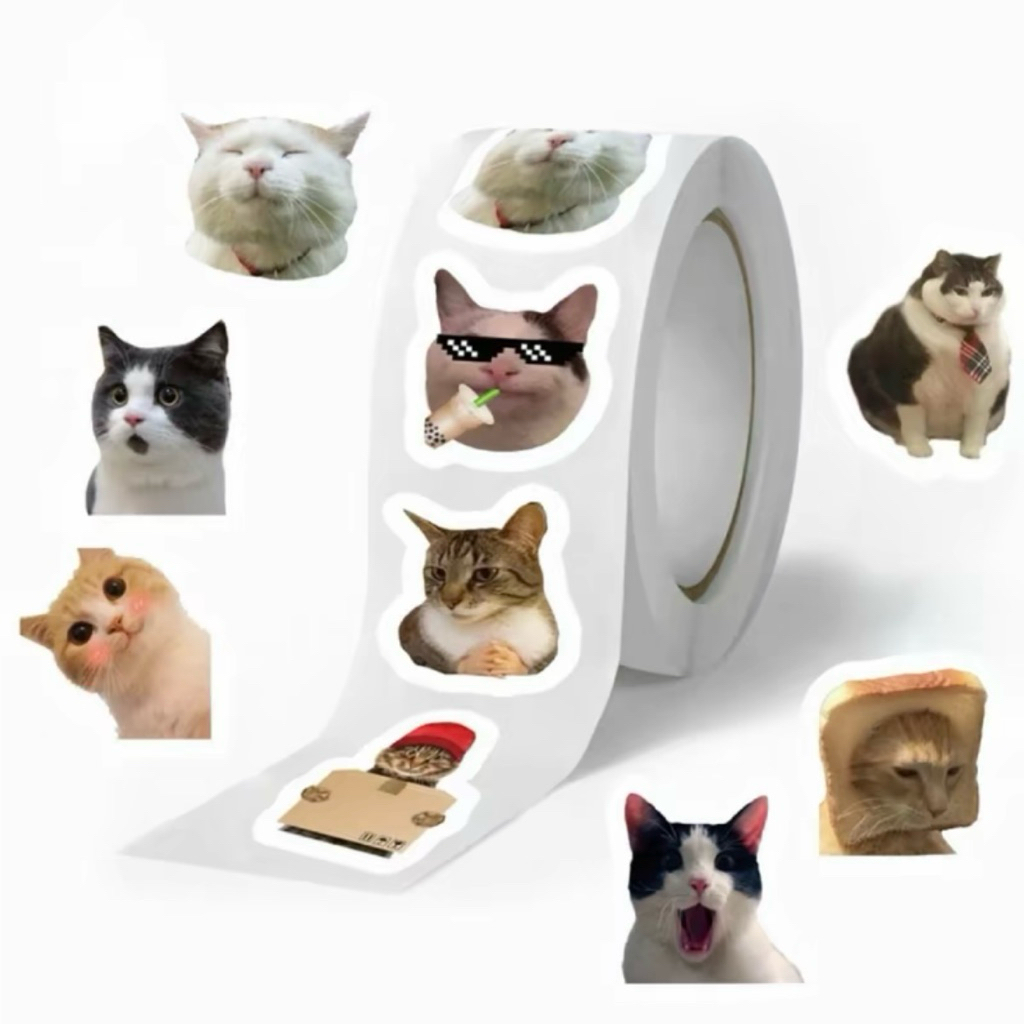Cuộn 500 hình dán MÈO MEME hài hước sticker khen thưởng cho bé tem dán thankyou