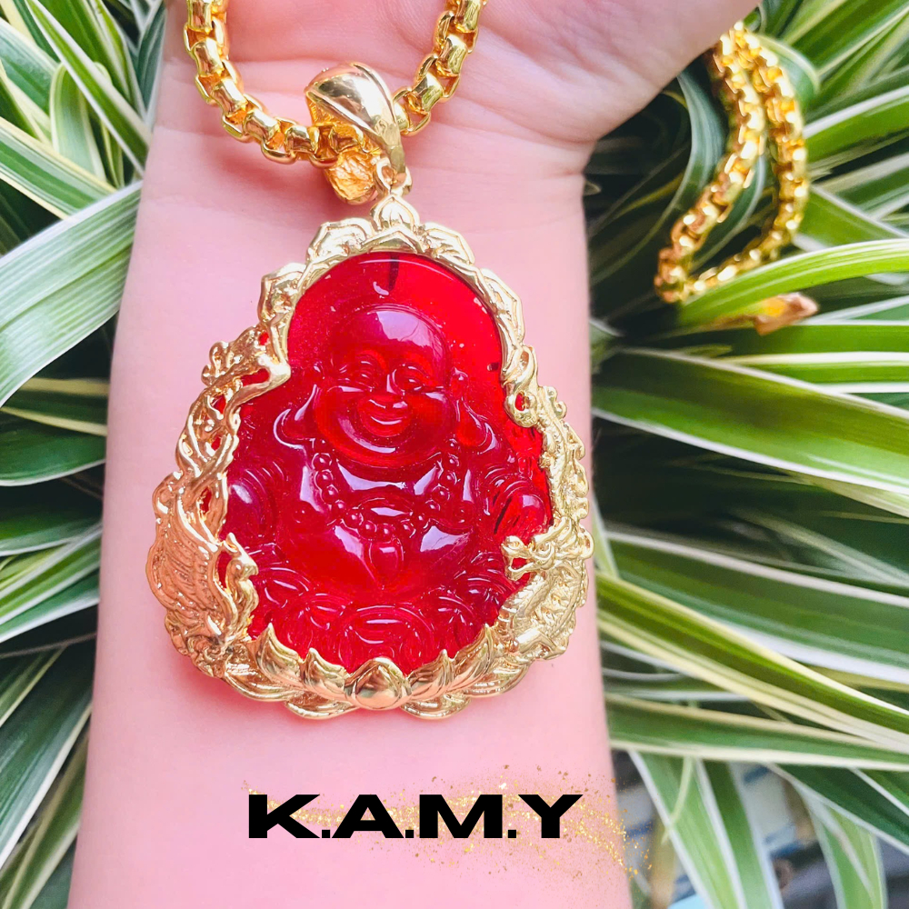 Mặt Dây Chuyền Phật Di Lặc Cười Đá Đỏ Mạ Vàng May Mắn – Trang Sức Phong Thủy May Mắn Tài Lộc