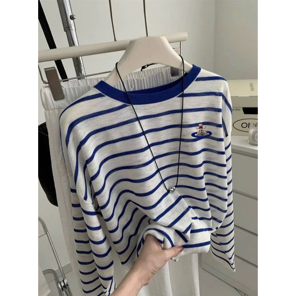 Áo thun nữ tay dài kẻ sọc xanh trẻ trung ALICEVN, Áo thun dài tay in hình dáng rộng, mẫu mới mùa Thu Đông 2025