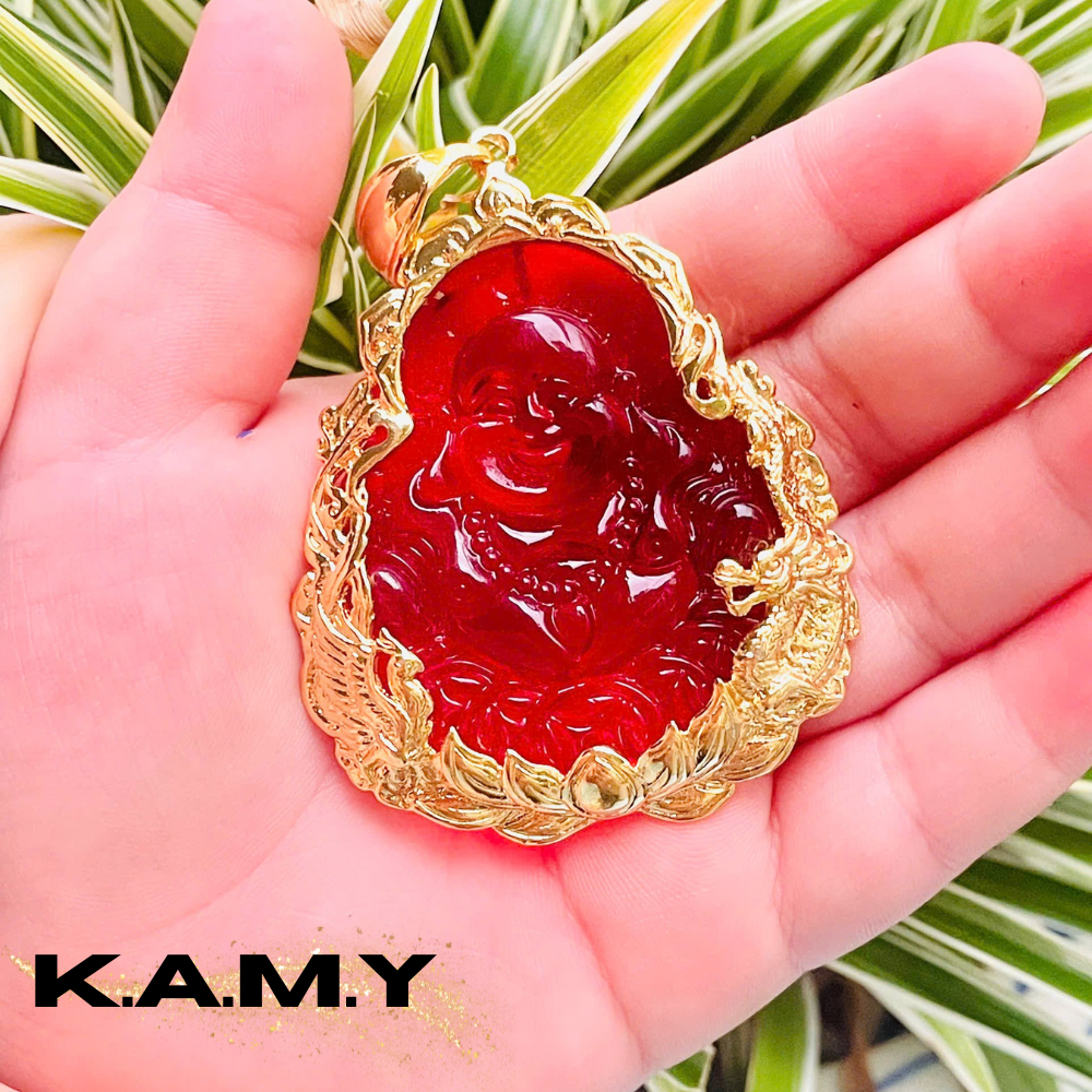 Mặt Dây Chuyền Phật Di Lặc Cười Đá Đỏ Mạ Vàng May Mắn – Trang Sức Phong Thủy May Mắn Tài Lộc