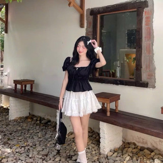 Áo kiểu nữ babydoll tay phồng cổ vuông dễ mặc chất cotton pha màu đen VANISA CT400