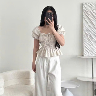 Áo kiểu nữ babydoll tay phồng cổ vuông dễ mặc chất cotton pha màu đen VANISA CT400