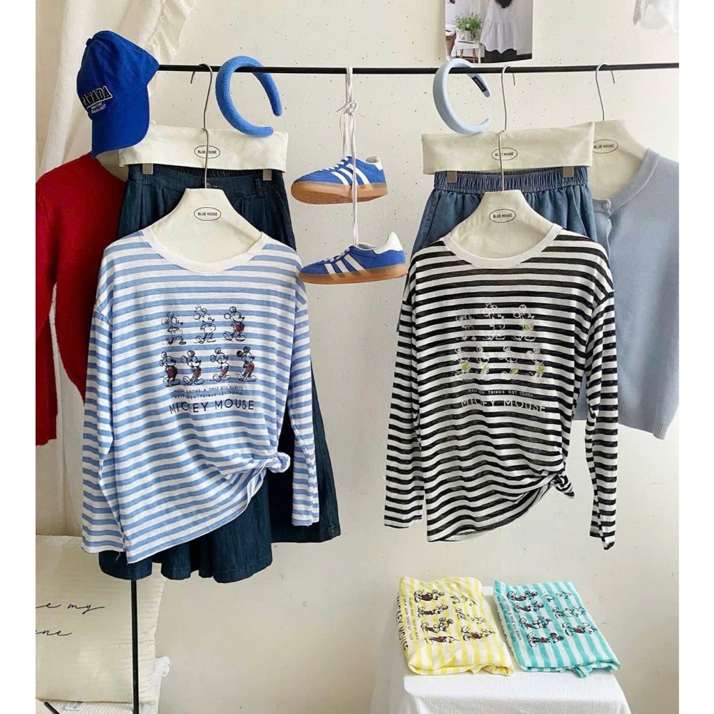 Áo thun nữ dài tay kẻ sọc in hình Mitkey nhỏ dể thương JULY FASHION, Áo thun nữ tay dài phom rộng chất xượt mềm mại