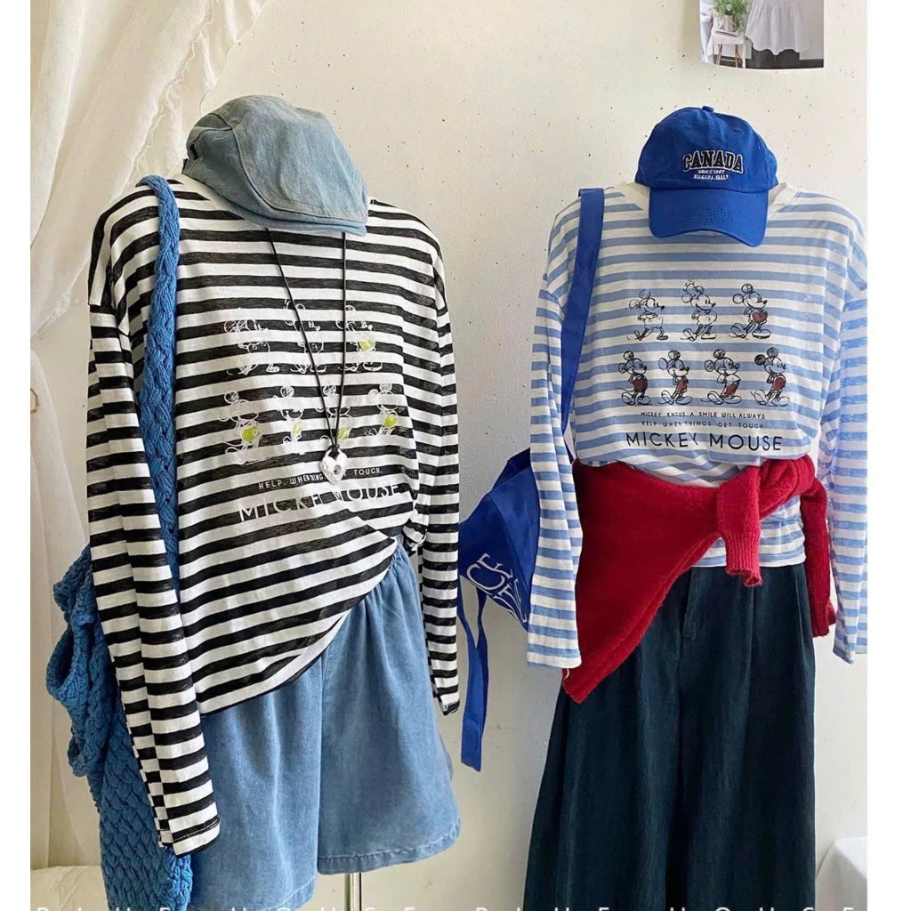 Áo thun nữ dài tay kẻ sọc in hình Mitkey nhỏ dể thương JULY FASHION, Áo thun nữ tay dài phom rộng chất xượt mềm mại