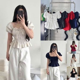 Áo cổ vuông babydoll nữ tay phồng form rộng vải cotton pha nhẹ mát màu đen VANISA CT400