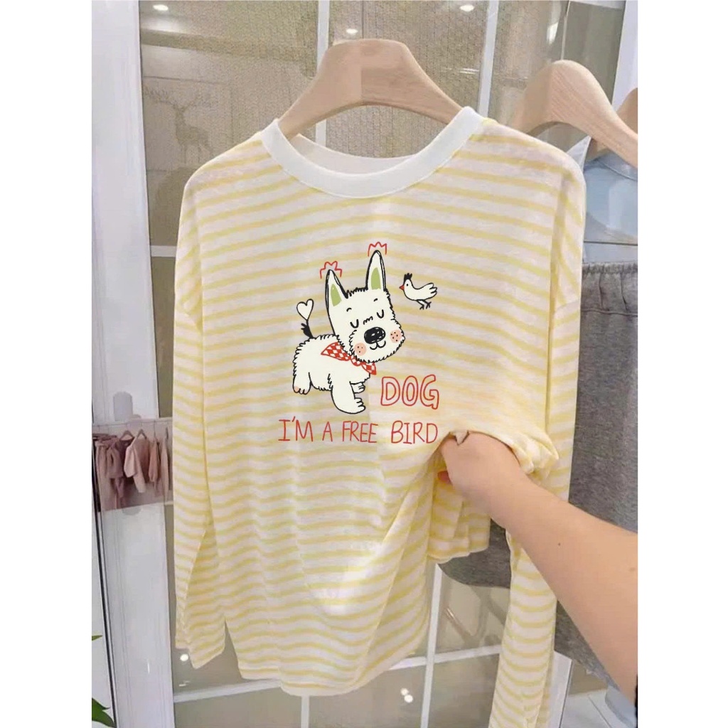 Màu mới Áo dài tay nữ kẻ sọc in hình Vintage Hottrend 2025, Áo thun nữ tay dài ALICEVN, chất thun xượt mềm mại ấm áp