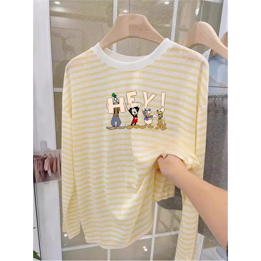 Màu mới Áo dài tay nữ kẻ sọc in hình Vintage Hottrend 2025, Áo thun nữ tay dài ALICEVN, chất thun xượt mềm mại ấm áp