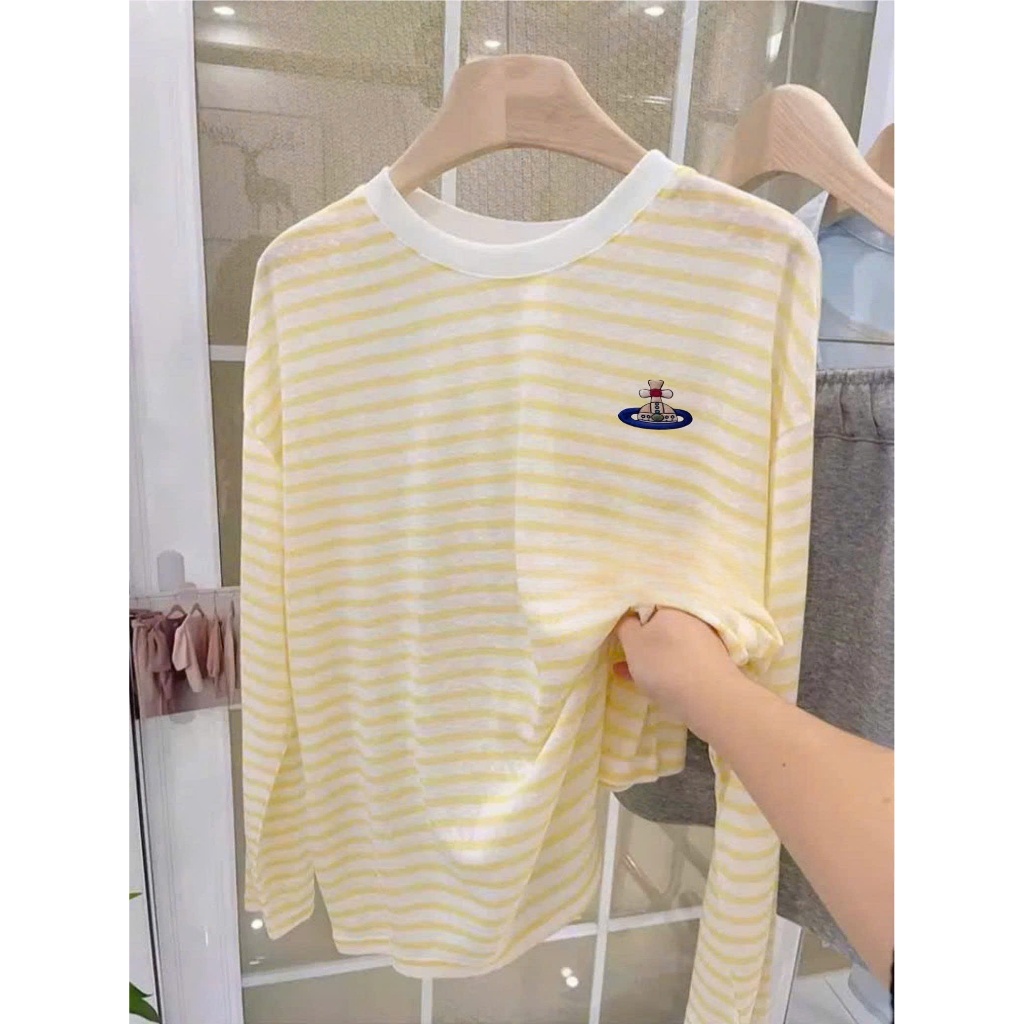 Màu mới Áo dài tay nữ kẻ sọc in hình Vintage Hottrend 2025, Áo thun nữ tay dài ALICEVN, chất thun xượt mềm mại ấm áp