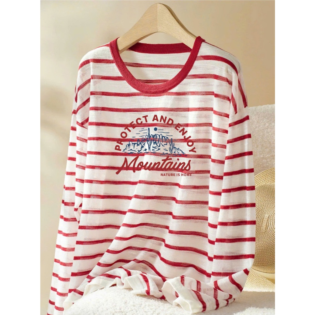 Màu mới Áo dài tay nữ kẻ sọc in hình Vintage Hottrend 2025, Áo thun nữ tay dài ALICEVN, chất thun xượt mềm mại ấm áp