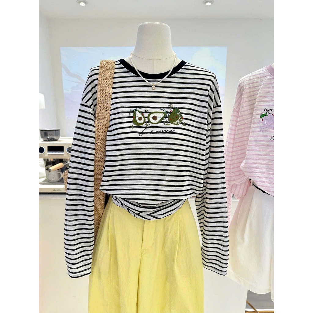 Màu mới Áo dài tay nữ kẻ sọc in hình Vintage Hottrend 2025, Áo thun nữ tay dài ALICEVN, chất thun xượt mềm mại ấm áp