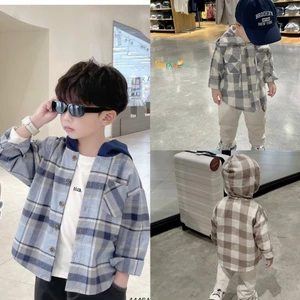 Áo sơ mi thô kẻ phối mũ cá tính cho bé, áo sơ mi dài tay bé trai hoạ tiết kẻ năng động bé trai