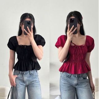 Áo kiểu nữ babydoll tay phồng cổ vuông dễ mặc chất cotton pha màu đen VANISA CT400