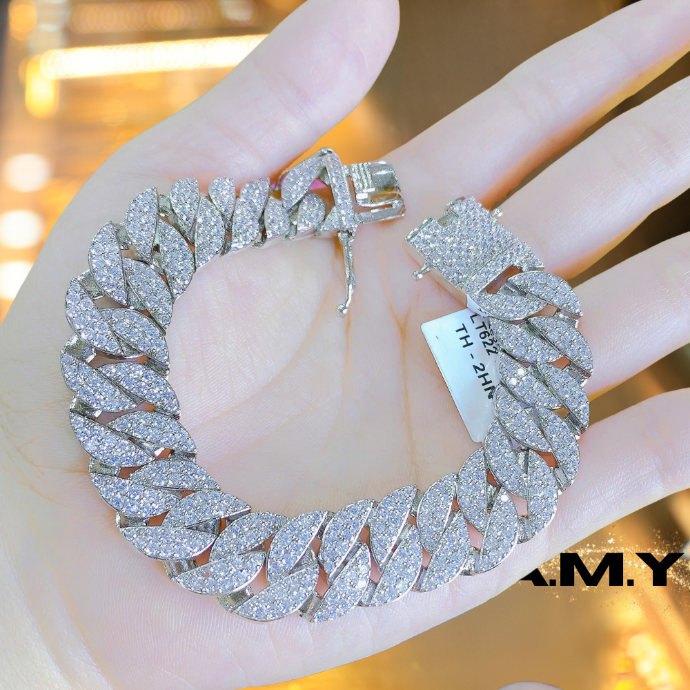 [Siêu phẩm] Lắc Tay Nam Nữ Bản To Đính Đá CZ Sang Trọng – Dây Xích Cuban Mạ Bạch Kim Cao Cấp