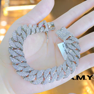 Lắc Tay Nam Nữ Bản To Đính Đá CZ Sang Trọng – Dây Xích Cuban Mạ Bạch Kim Cao Cấp