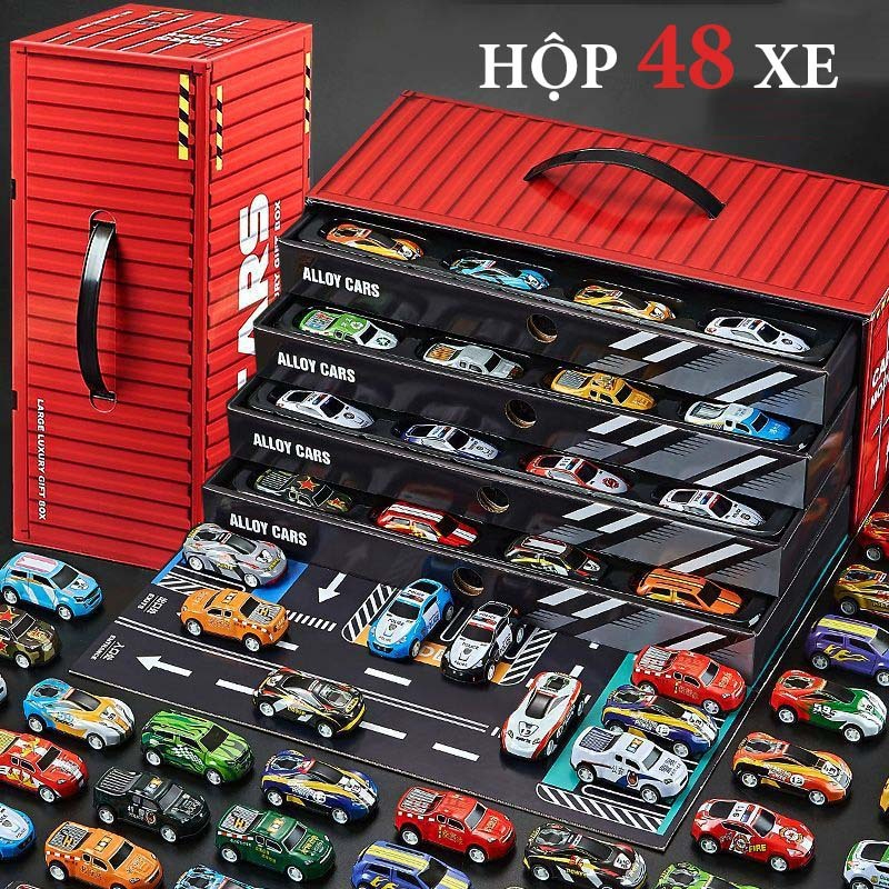 Hộp Mô Hình 48 Xe Thể Thao Bằng Hợp Kim Chạy Trớn Đồ Chơi Thùng Container Chở Oto Kết Hợp Bãi Giữ Xe