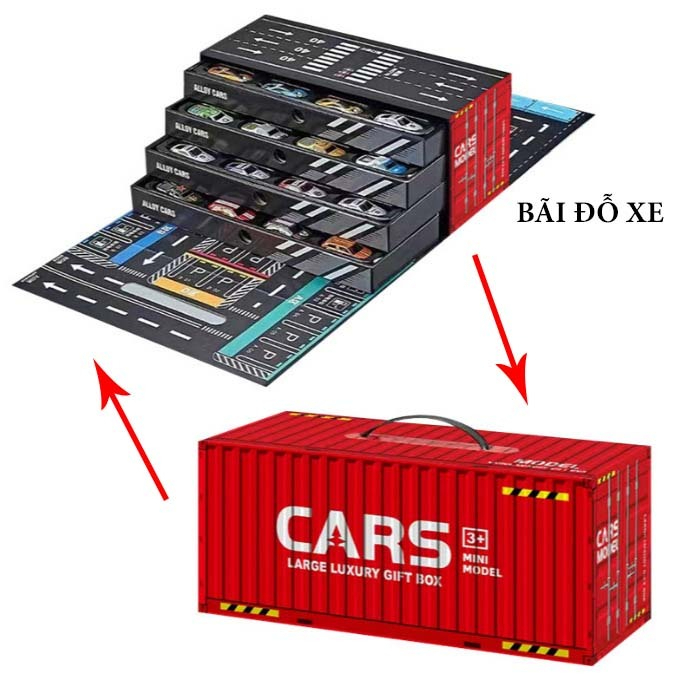 Hộp Mô Hình 48 Xe Thể Thao Bằng Hợp Kim Chạy Trớn Đồ Chơi Thùng Container Chở Oto Kết Hợp Bãi Giữ Xe