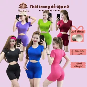 Bộ tập aerobic áo croptop, quần đùi có túi chất thun lạnh co giãn tôn dáng