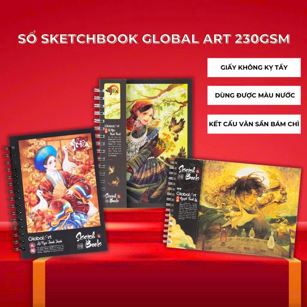 Sổ Sketchbook GLOBAL ART 230gsm, Sổ Vẽ Màu Nước A4 A5 Giấy Không Kỵ Tẩy, Ăn Chì Tốt, Lên Chuẩn Màu