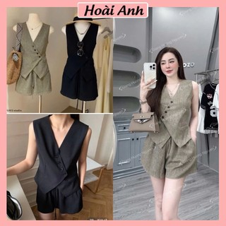 Set Bộ Đồ Nữ Chéo Hàn Quốc Phối Cổ V Đính Cúc Chéo Vạt Nhọn Mix Quần Sooc Đùi