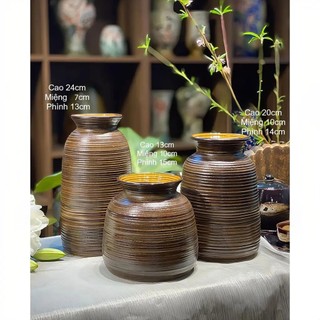 Set 3 Lọ Bình Cắm Hoa Bát Tràng Men Nâu Mộc Vân Ganh Khắc Nổi Trang Trí Phòng Khách Vintage Cao Cấp