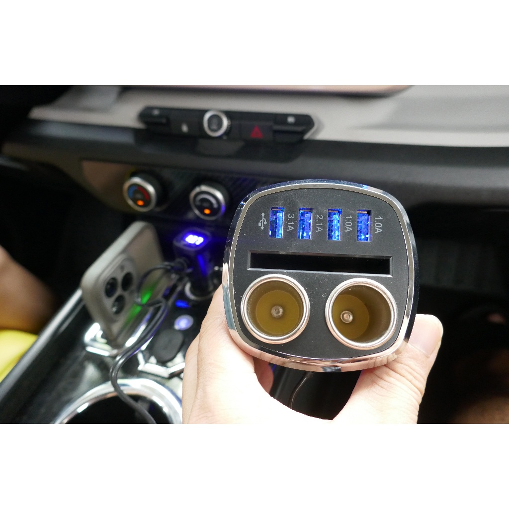 Cốc chia tẩu sạc ô tô 4 cổng USB + 2 tẩu điện – Màn hình LED hiển thị điện áp – Sạc nhanh 3.1A, tiện ích cho mọi dòng xe