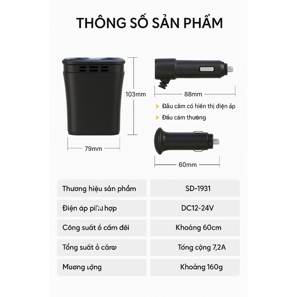 Cốc chia tẩu sạc ô tô 4 cổng USB + 2 tẩu điện – Màn hình LED hiển thị điện áp – Sạc nhanh 3.1A, tiện ích cho mọi dòng xe