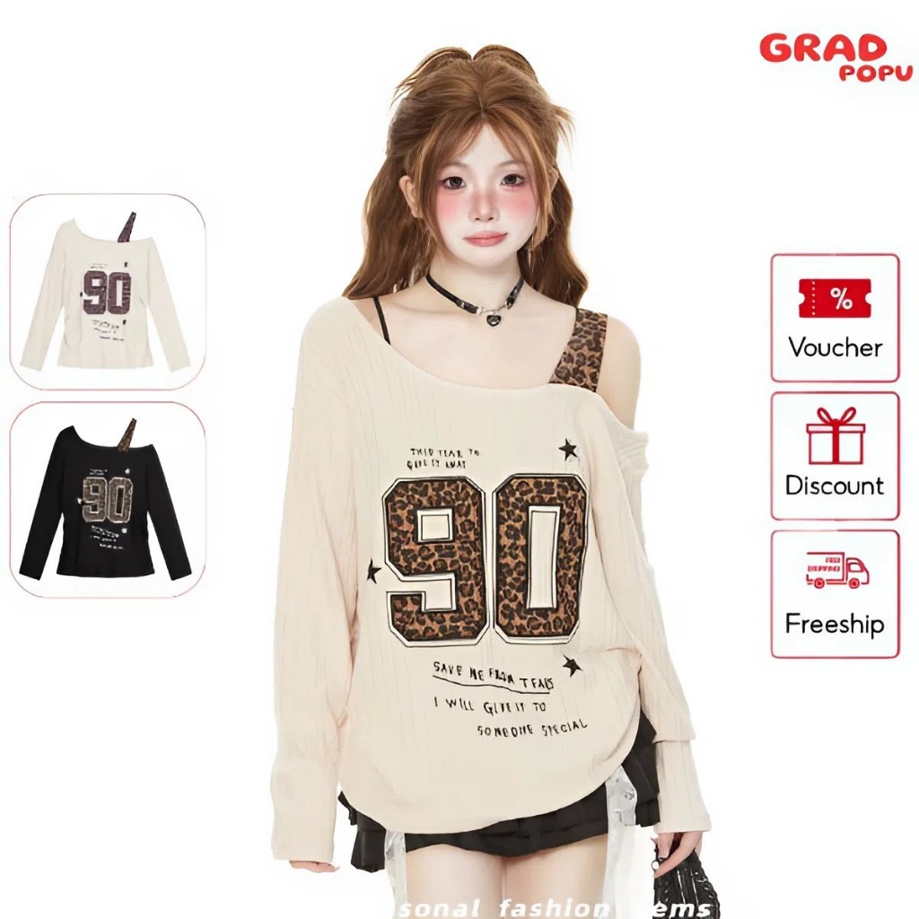 Áo thun nữ dài tay GRADPOPU hở vai thêu họa tiết số 90 da báo phong cách streetwear thoáng mát DT137