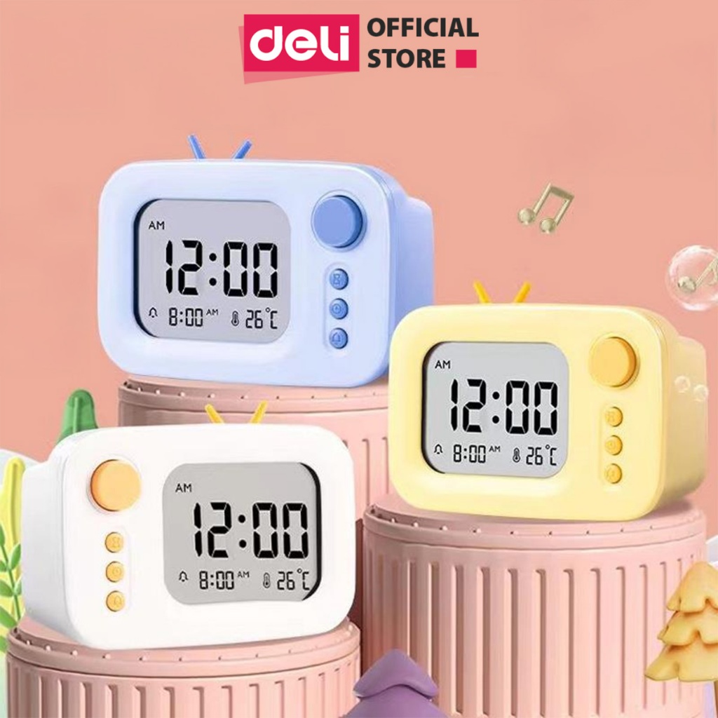Đồng hồ LED báo thức Mini để bàn Deli tone màu pastel nhỏ gọn cute dành cho bé, học sinh trang trí khung gian học tập