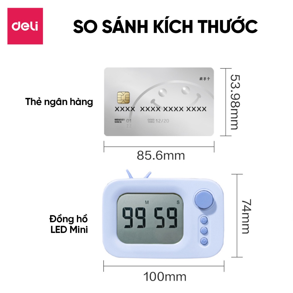 Đồng hồ LED báo thức Mini để bàn Deli tone màu pastel nhỏ gọn cute dành cho bé, học sinh trang trí khung gian học tập