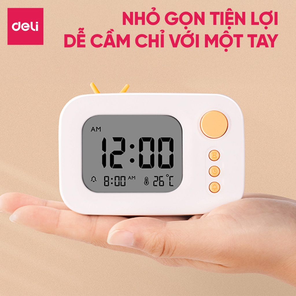 Đồng hồ LED báo thức Mini để bàn Deli tone màu pastel nhỏ gọn cute dành cho bé, học sinh trang trí khung gian học tập