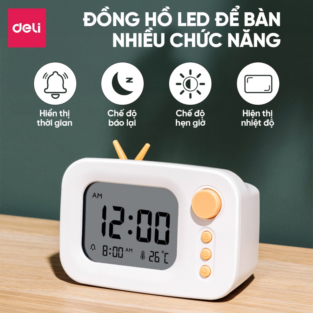 Đồng hồ LED báo thức Mini để bàn Deli tone màu pastel nhỏ gọn cute dành cho bé, học sinh trang trí khung gian học tập