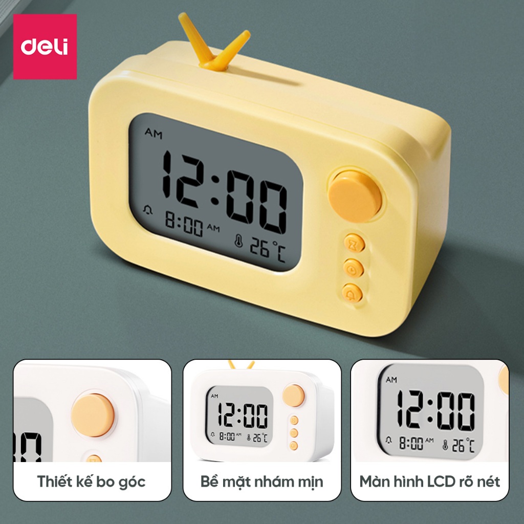 Đồng hồ LED báo thức Mini để bàn Deli tone màu pastel nhỏ gọn cute dành cho bé, học sinh trang trí khung gian học tập