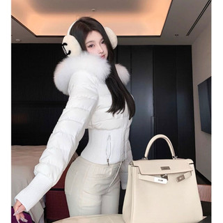 Áo phao croptop có mũ trùm đầu viền lông eo bo chun túi kéo khoá phong cách cá tính