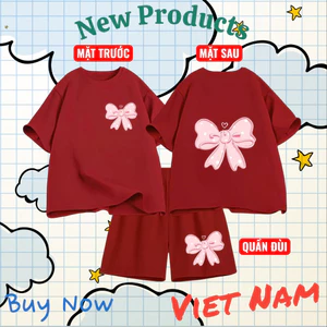 Set Bộ Cotton Bé Gái – Hình Nơ Hồng Trái Tim In 2 Mặt, Vải Mềm Mại Thoáng Mát Co Giãn, (M 258)