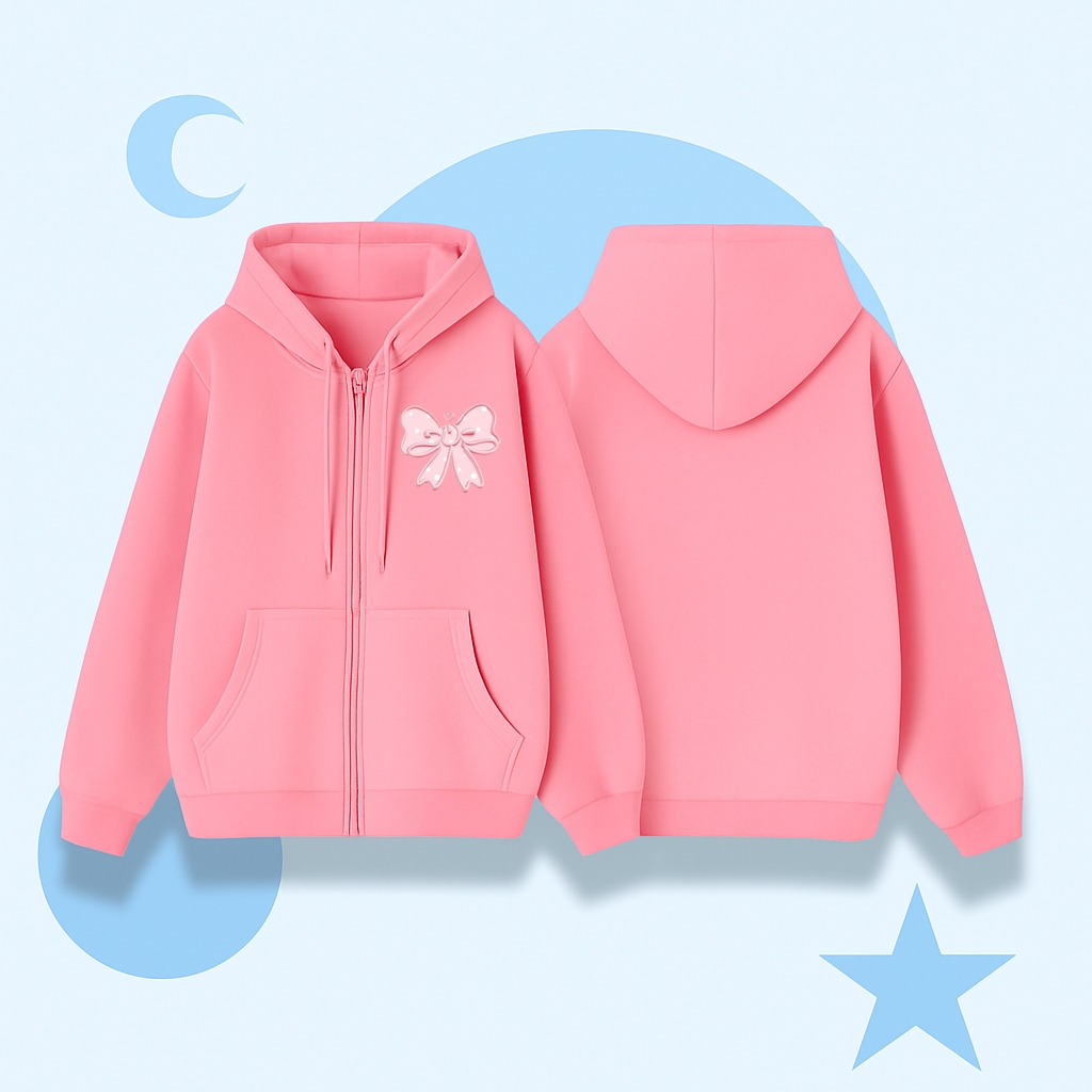 Hoodie Khóa Trẻ Em Có Túi Bên Trong – Vải Nỉ Cotton Mềm Mịn, Hình Nơ Hồng Trái Tim, Dễ Mặc (M 258)