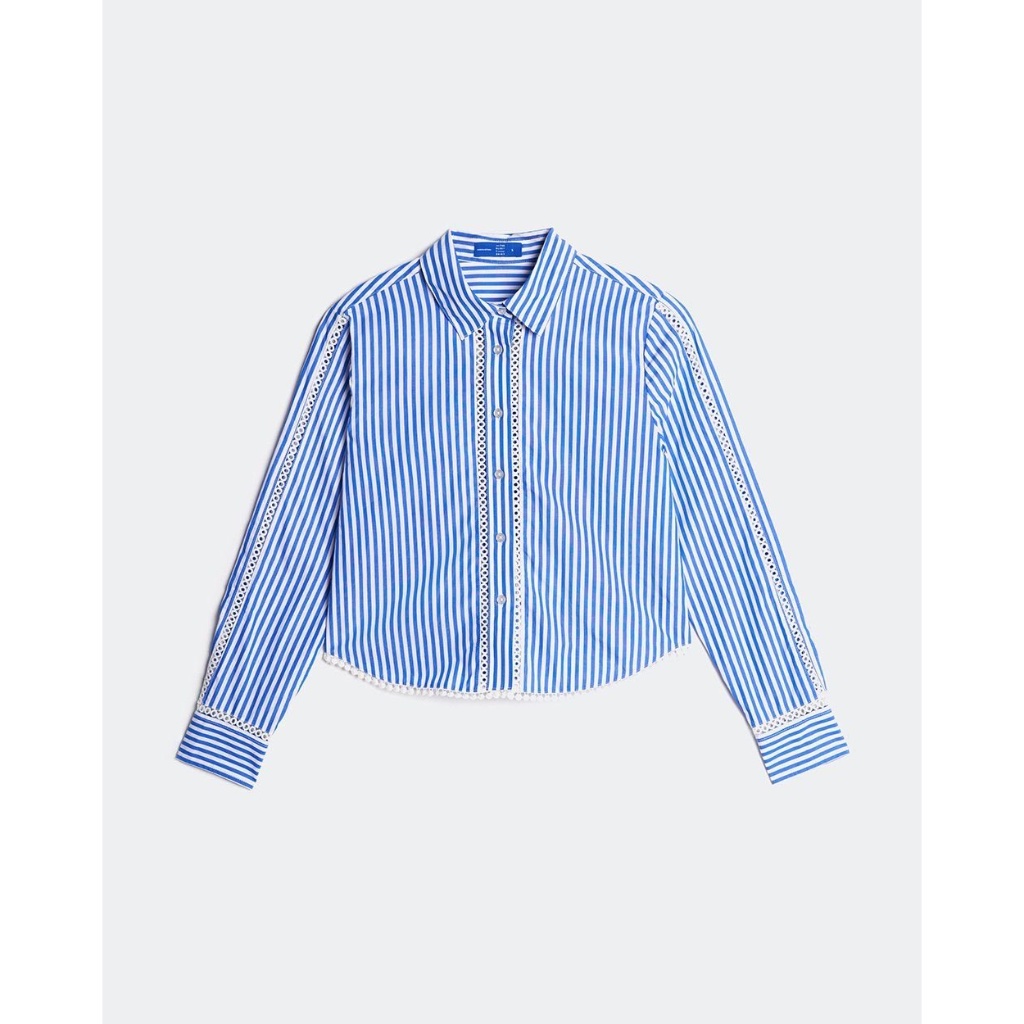 TheBlueTshirt - Áo sơ mi kẻ sọc xanh viền ren cổ điển phom regular - Lace Shirt