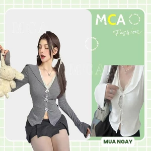 Áo kiểu nữ tay dài cổ V phối ren MCA Đính nơ dễ thương A.51188