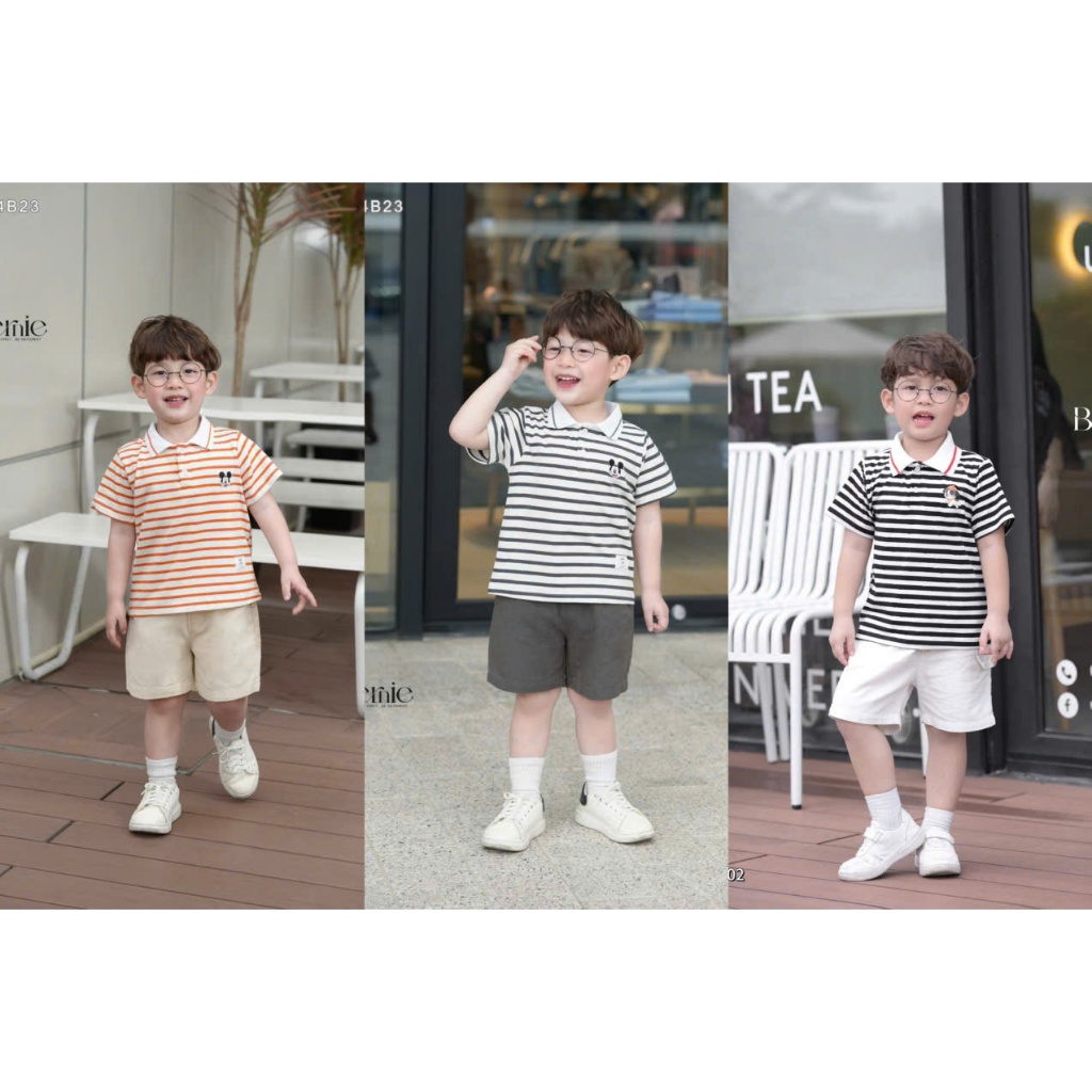 Bộ polo hoạ tiết kẻ ngang thêu gấuu phối quần kaki bé trai, set bộ thun đi chơi đi học cho bé H1024B23